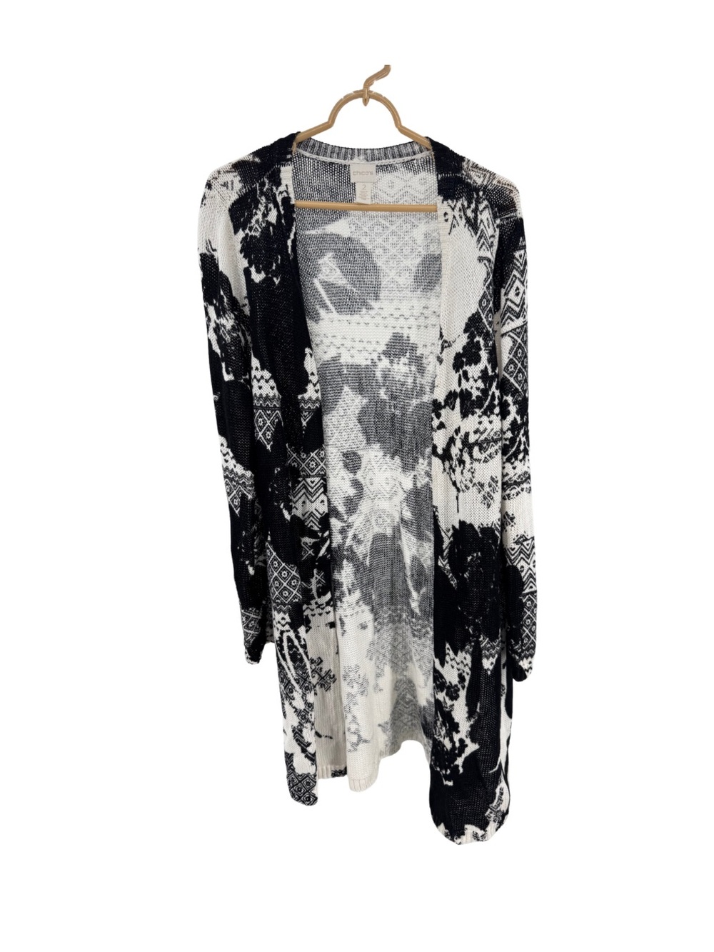 Chico's Black White linen blend Mixed-Print Open Knit longline cardigan Sweater